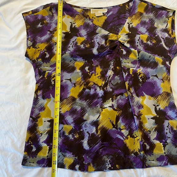 Michael Michael Kors Purple Gold Abstract Brushstroke Draped Cap Sleeve Blouse L - Picture 9 of 11
